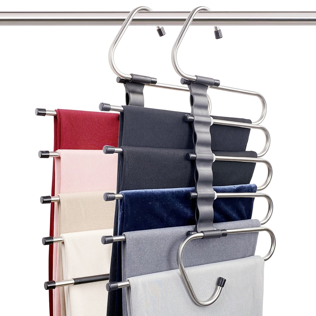 Magic Pants Hangers Space Saving - 2 Pack for Closet Multiple Layers Multifunctional Uses Rack Organizer for Trousers Scarves Slack (2 Pack with 10 Metal Clips) FeeraHozer