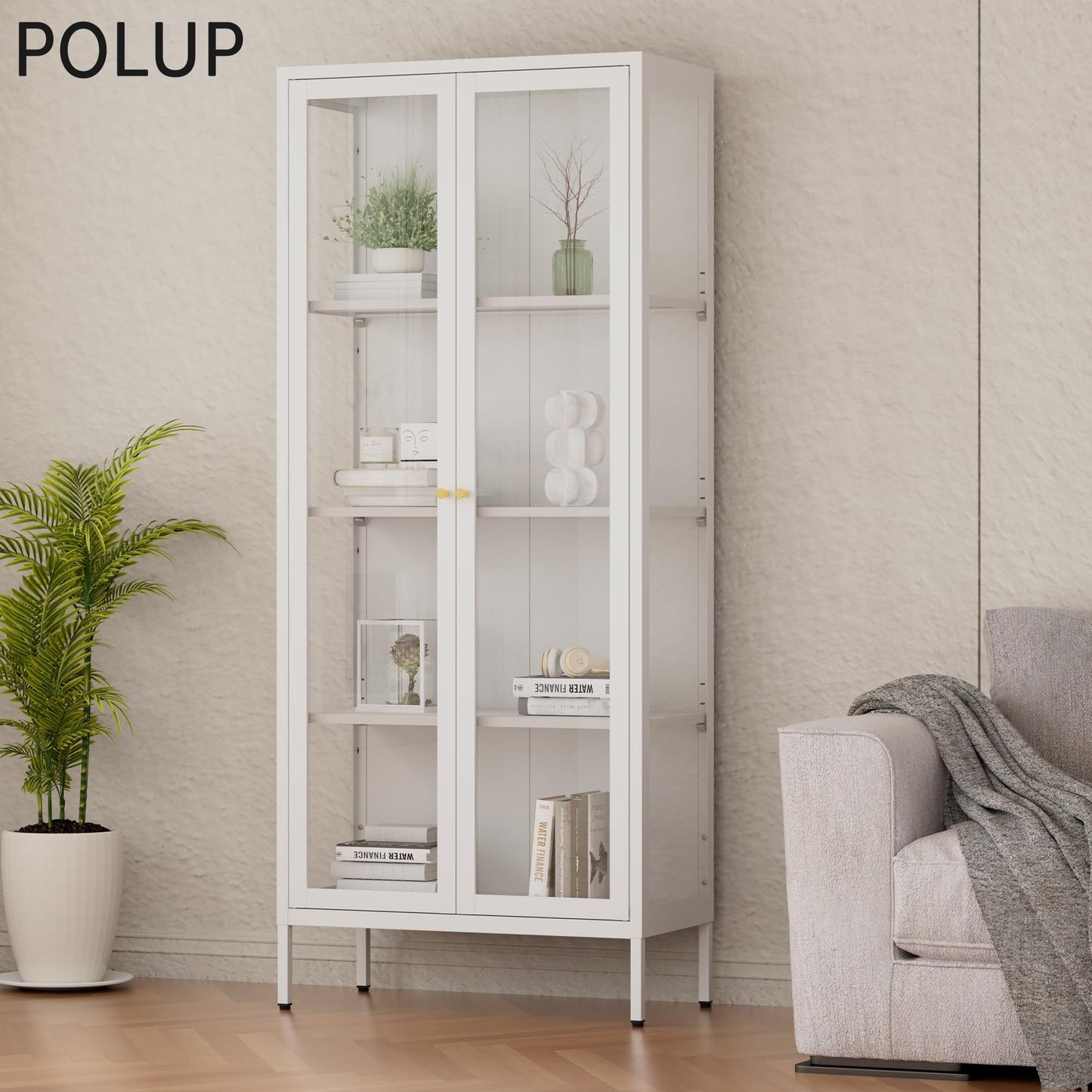 Polup Glass Display Cabinet with Doors and Shelves, White Curio Cabinet with 3 Side Tempered Glass, 66 Inch Tall Display Case for Collectibles, Metal Storage Cabinet for Living Room, Assemble Required