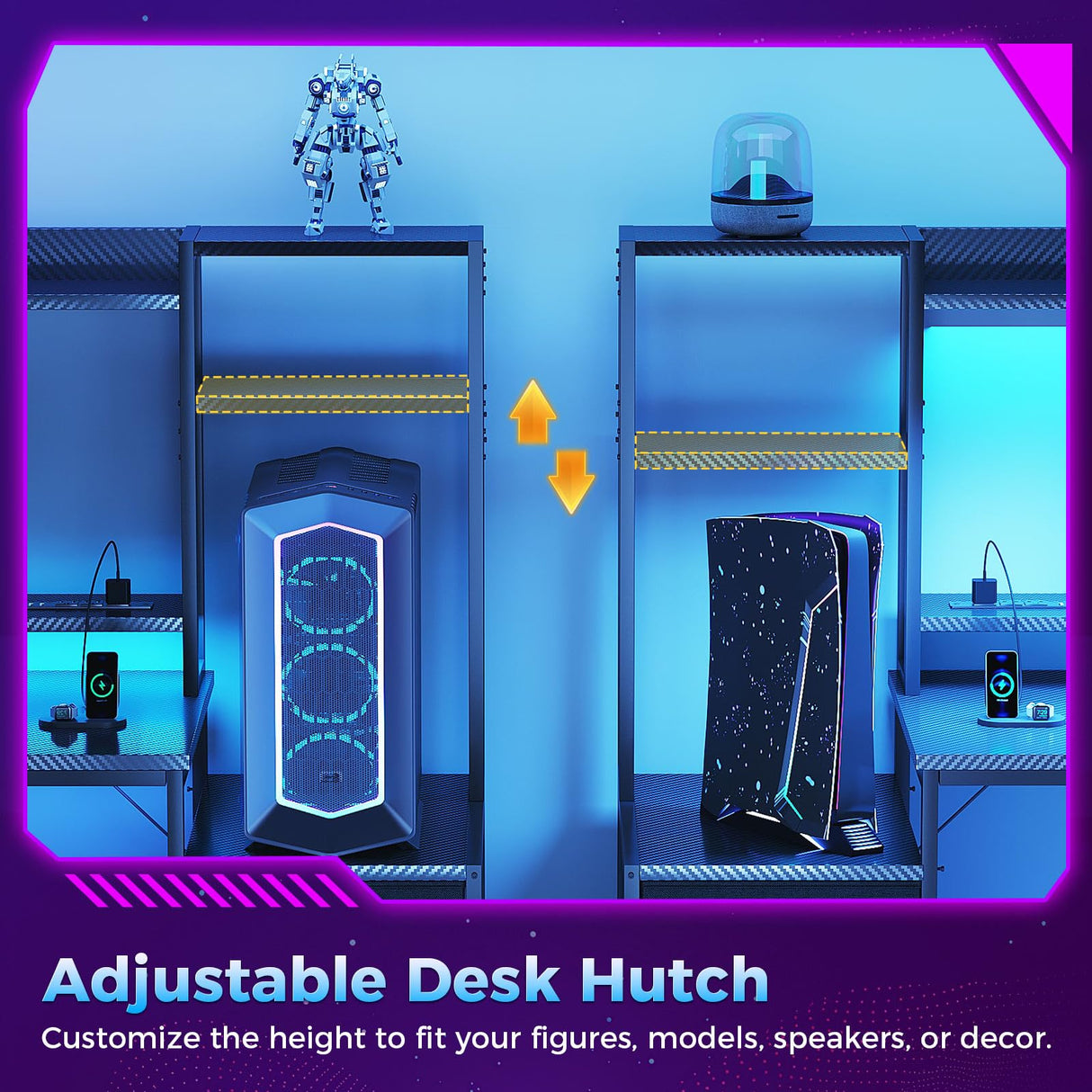 Casaottima 48 Inch Gaming Desk with Hutch & 3 Fabric Drawers, Computer Desk with USB Ports & LED Lights, Reversible Pc Gamer Table with Monitor Stand for Home Office, Carbon Fiber Black Casaottima