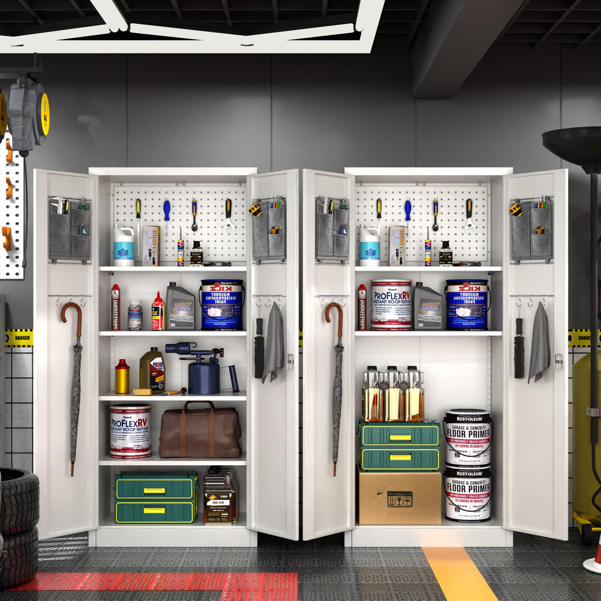 GLADIW Garage Storage Cabinet, Metal Storage Cabinet with Lockable Doors and 5 Adjustable Shelves, Tool Cabinet with Pegboard for Garages, Offices and Tool Rooms, Gray GLADIW