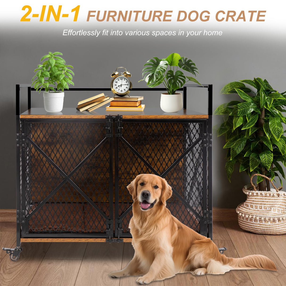 Ketive Dog Crate Furniture with Cushion, 41"L Wooden Dog Crate End Table with Double Doors, Chew-Resistant Dog Kennel Indoor, Heavy Duty Dog Crate with Wheels, Rustic Brown (41"L x 23.6 "W x 35.8 "H) ketive