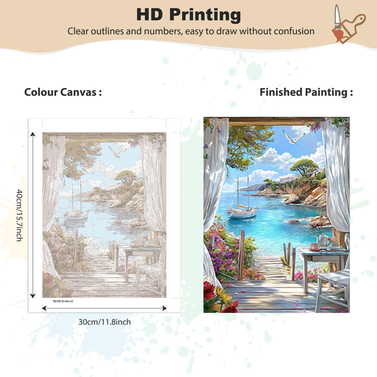 EOBROMD Framed Paint by Numbers Kits for Adults Seaview, DIY Landscape Acrylic Paint by Number on Stretched Canvas, Painting Kits Adults Oil Paint by Numbers for Home Decor 12x16inch EOBROMD