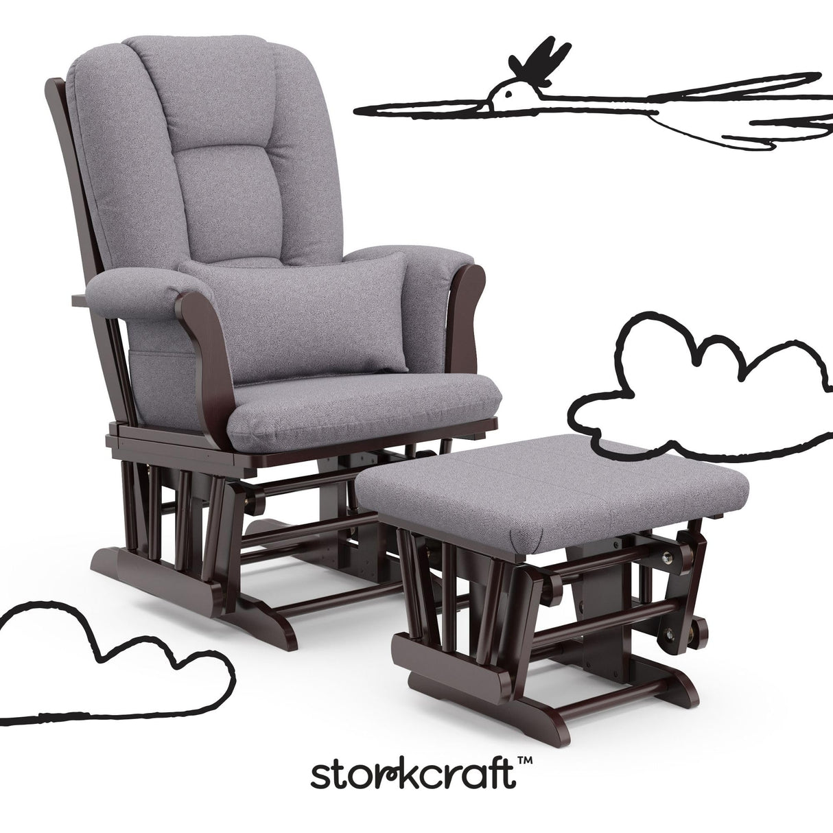 Storkcraft Tuscany Custom Glider and Ottoman with Free Lumbar Pillow (Espresso/Slate Gray Swirl) - Cleanable Upholstered Comfort Rocking Nursery Chair with Ottoman Storkcraft