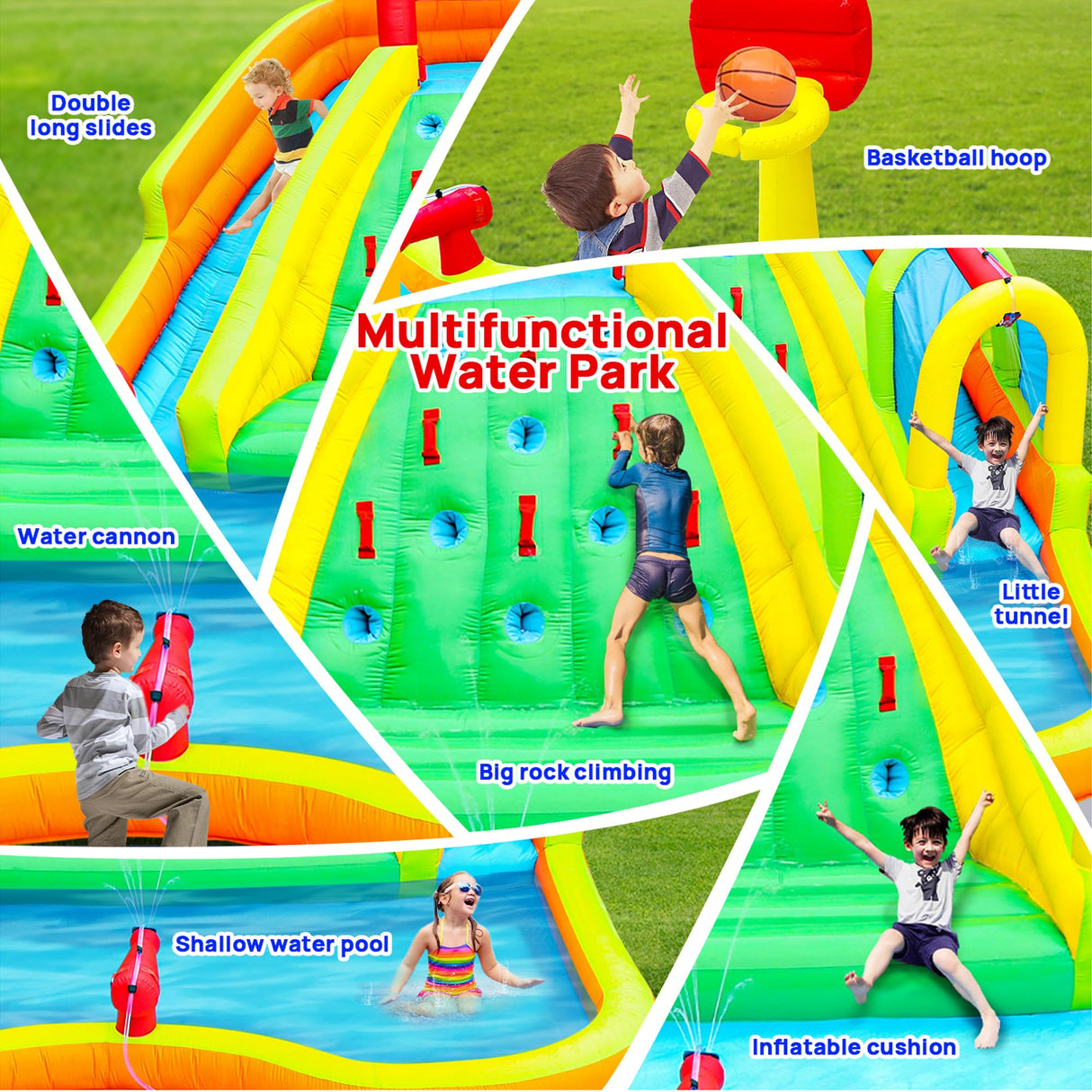 WELLFUNTIME Inflatable Water Double Slides Park, Bounce House with Arched Water Gun Spray, Jumping Castle with Air Blower WELLFUNTIME