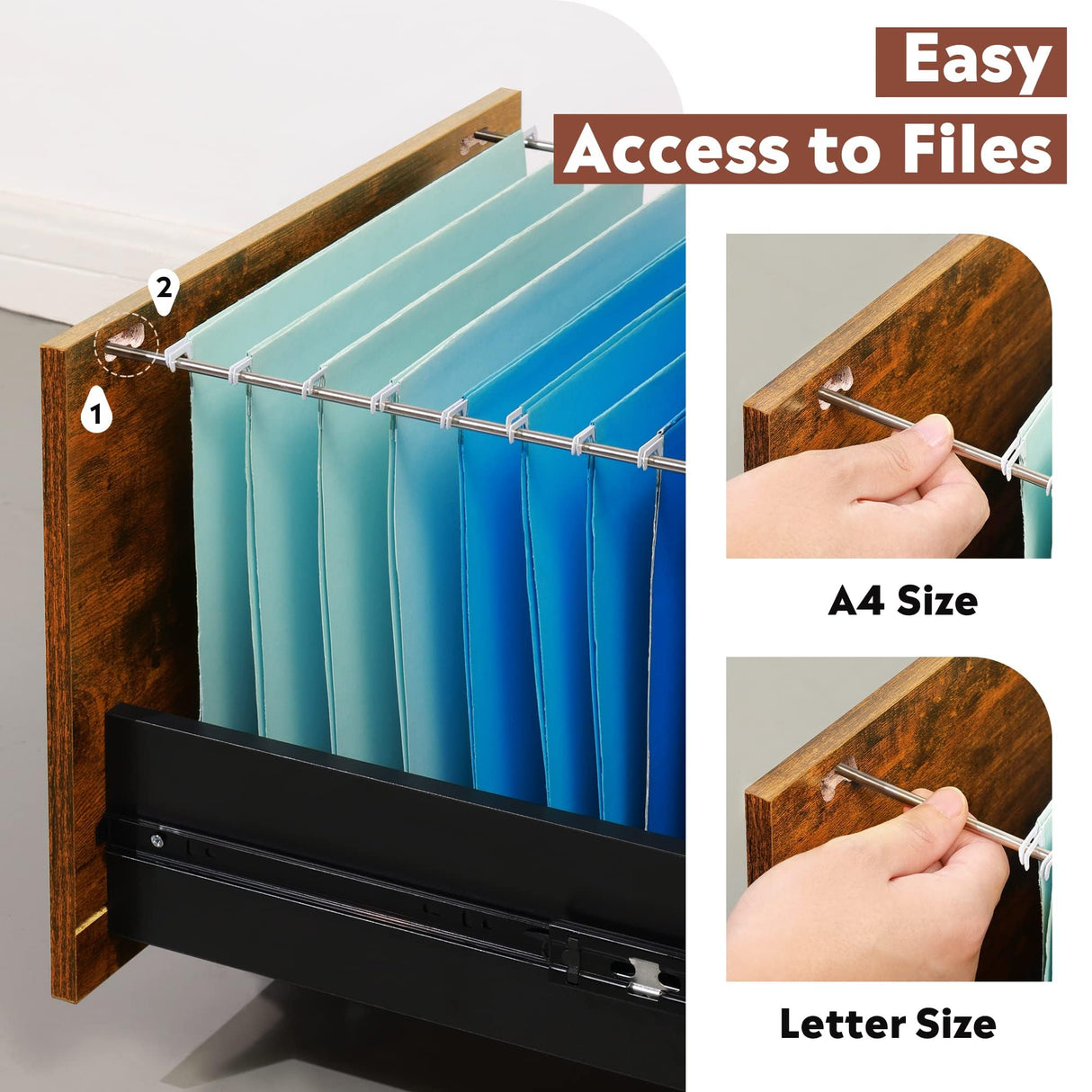 DEVAISE 3 Drawer Rolling File Cabinet with Lock, Wood Filing Cabinet fits Letter / A4 Size for Home Office, Rustic Brown DEVAISE