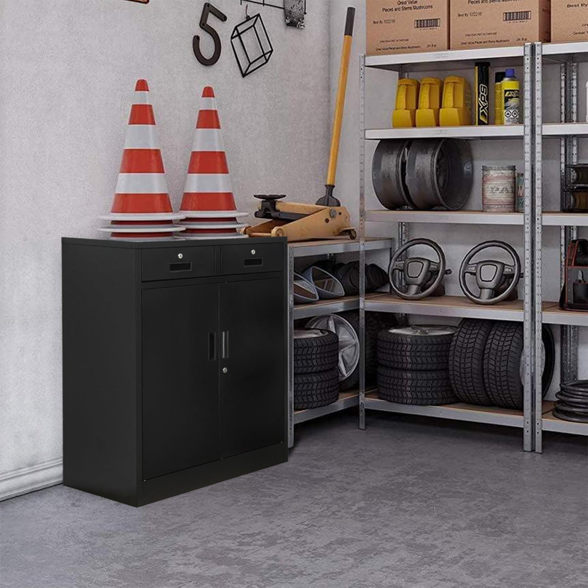 YEEZER Metal Storage Cabinet with 2 Drawers. Lockable Steel Storage Cabinet with Doors and Shelve, 37”H Office Cabinet for Home, Garage, Warehouse with Large Storage Space. (Black) - WoodArtSupply