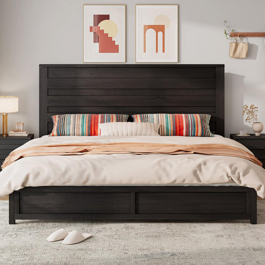 LUXOAK Farmhouse King Bed Frame with 49" Headboard - Stylish Black Wooden Platform Bed, No Box Spring Needed - WoodArtSupply