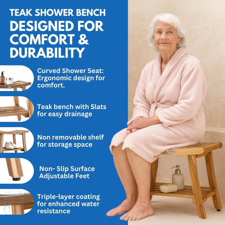EcoDecors 24 Inch Harmony Natural Color Waterproof Teak Wood Shower Bench Stool Seat Chair For Inside Shower Storage Shelf Provides Safety, Storage, and Organization For Bathroom Accessories EcoDecors