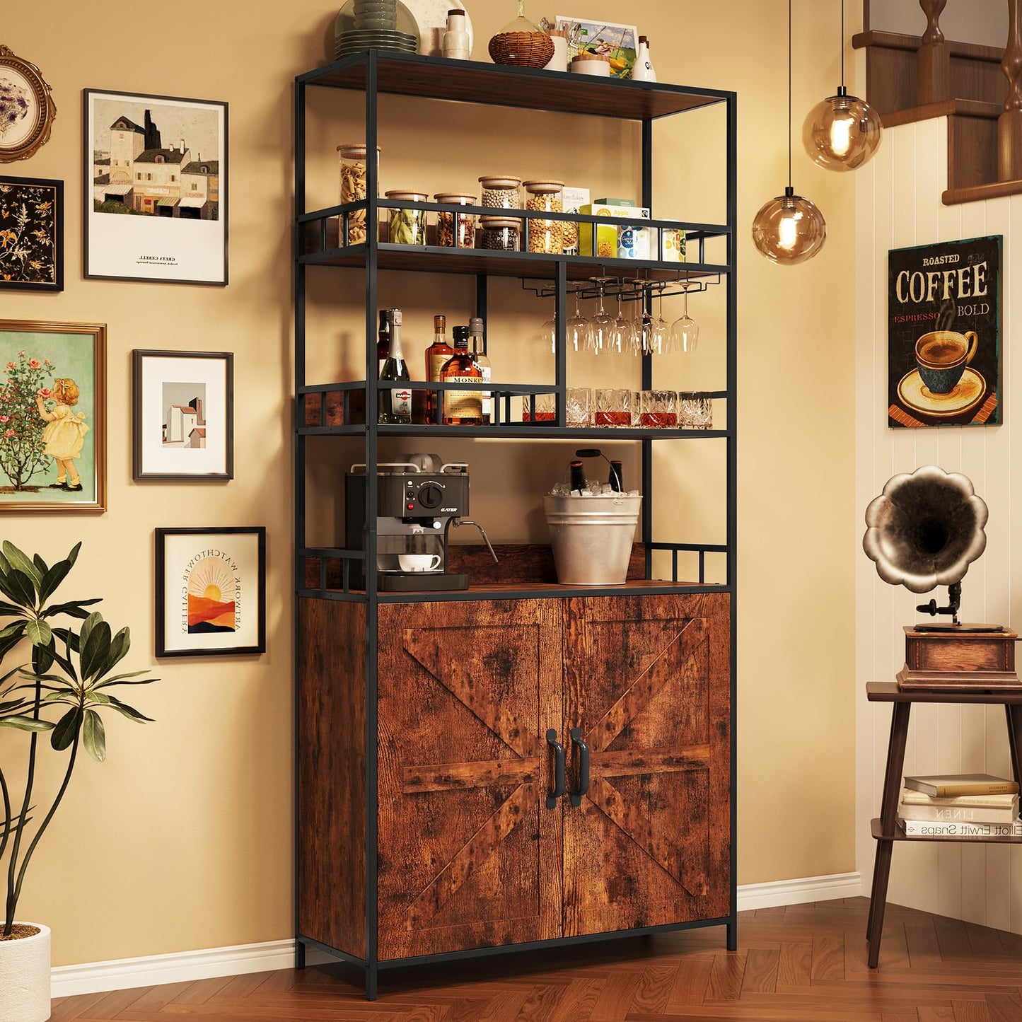 IDEALHOUSE Vintage Industrial Freestanding Wine & Bar Cabinet with Glass Holder - WoodArtSupply