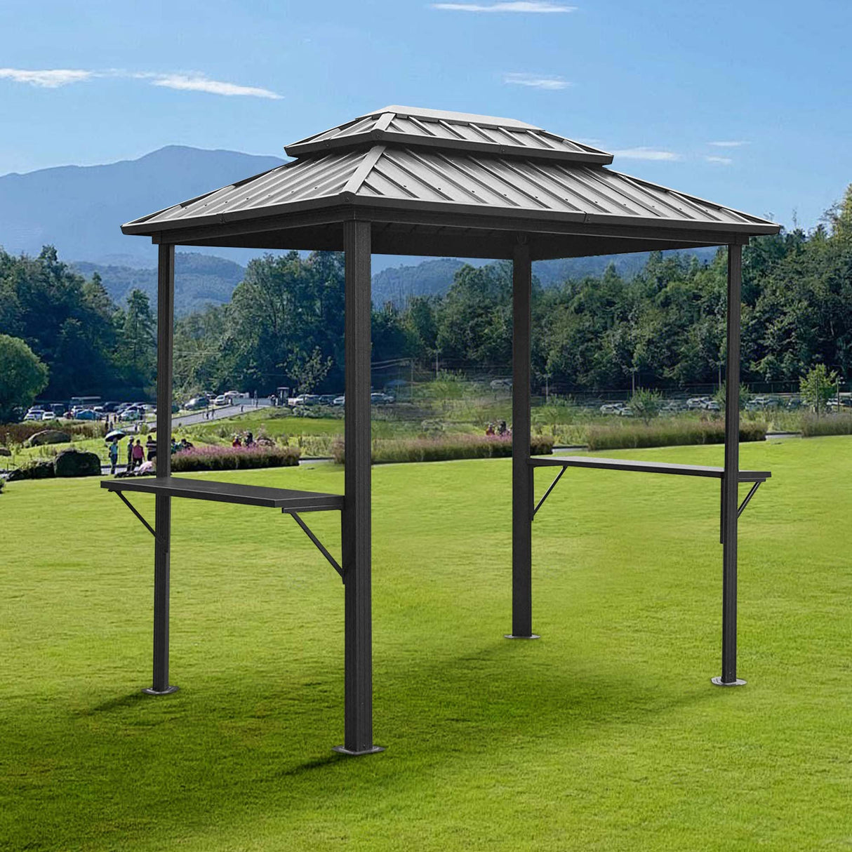 NicBex Grill Gazebo 8' × 6', Aluminum BBQ Gazebo Outdoor Metal Frame with Shelves Serving Tables, Permanent Double Roof Hardtop Gazebos for Patio Lawn Deck Backyard and Garden, Grey NicBex