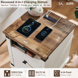 Farmhouse Nightstand Set of 2 with Charging Station, 18" Rustic Night Stand with 2 Storage Drawers, Wood End Table for Bedroom, Living Room, Antique White RedLemon