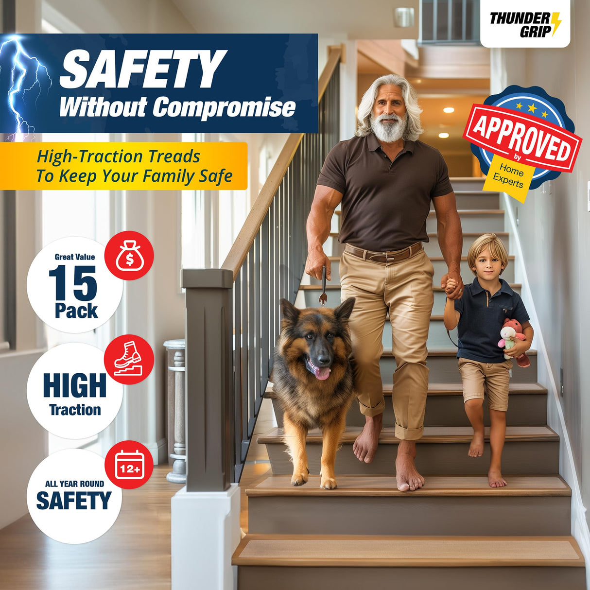 Clear Stair Treads Non-Slip 30"x6" - 15-Pack Indoor Stair Grips Non Slip for Wooden Steps - Anti Slip Adhesive Strips for Dogs & Elderly - Staircase Step Treads - Transparent Treads for Wood Stairs THUNDER GRIP