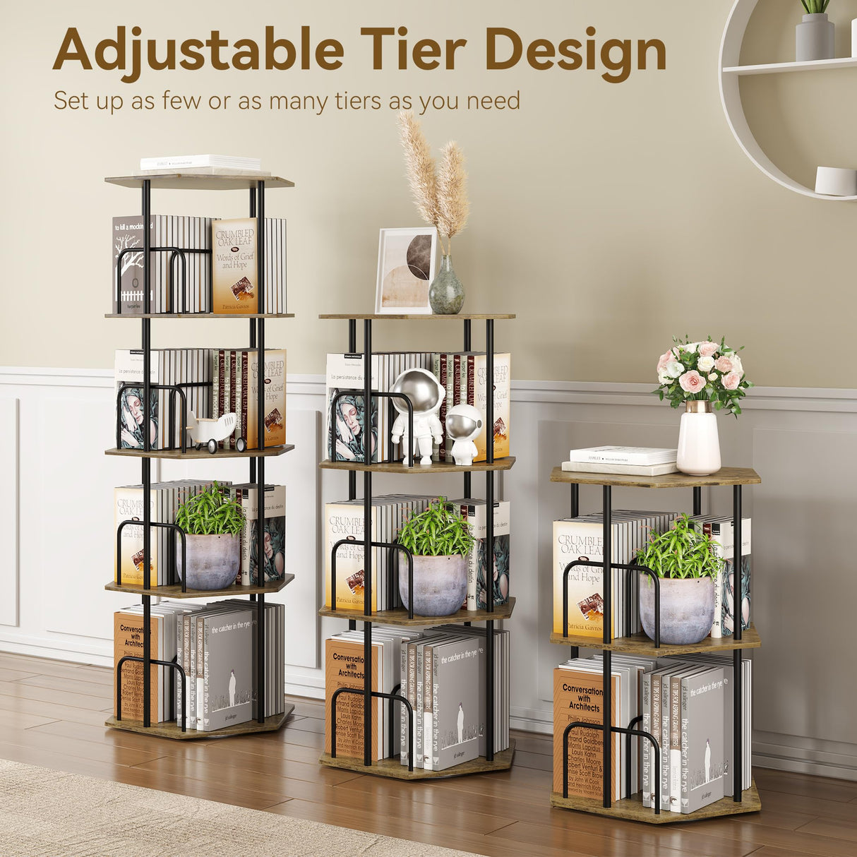 SUNMORY 4 Tier Rotating Bookshelf Tower, Revolving 360 ° Spinning Bookcase, Hexagonal Corner Book Shelf Storage Carousel, Vertical Rotate Turning Organizer Book Shelves for Living Room Office Bedroom SUNMORY