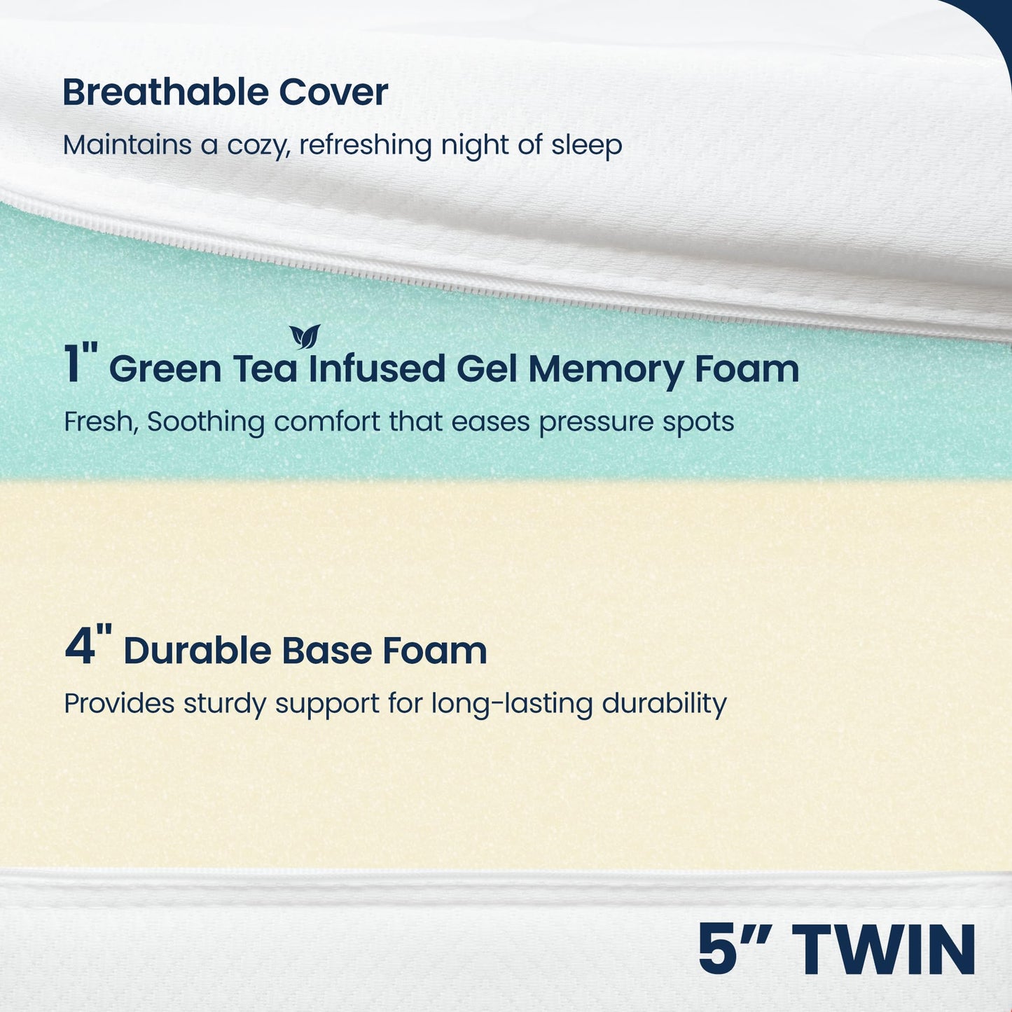 GAESTE 5 Inch Twin Green Tea Cooling Gel Memory Foam Mattress Medium Firm CertiPUR-US Certified Mattress in a Box Comfortable and Supportive No Fiberglass (Twin, 5 in)