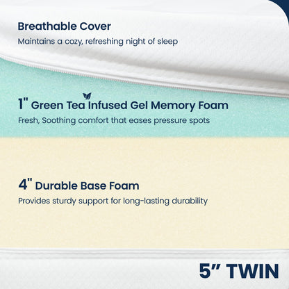 GAESTE 5 Inch Twin Green Tea Cooling Gel Memory Foam Mattress Medium Firm CertiPUR-US Certified Mattress in a Box Comfortable and Supportive No Fiberglass (Twin, 5 in)