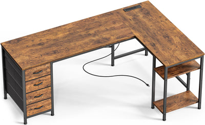 Huuger 63 Inch L Shaped Desk with Fabric Drawers, Reversible Computer Gaming Desk with Power Outlets and USB-C Port, Adjustable Side Storage Shelves, for Work Study Corner Home Office, Rustic Brown