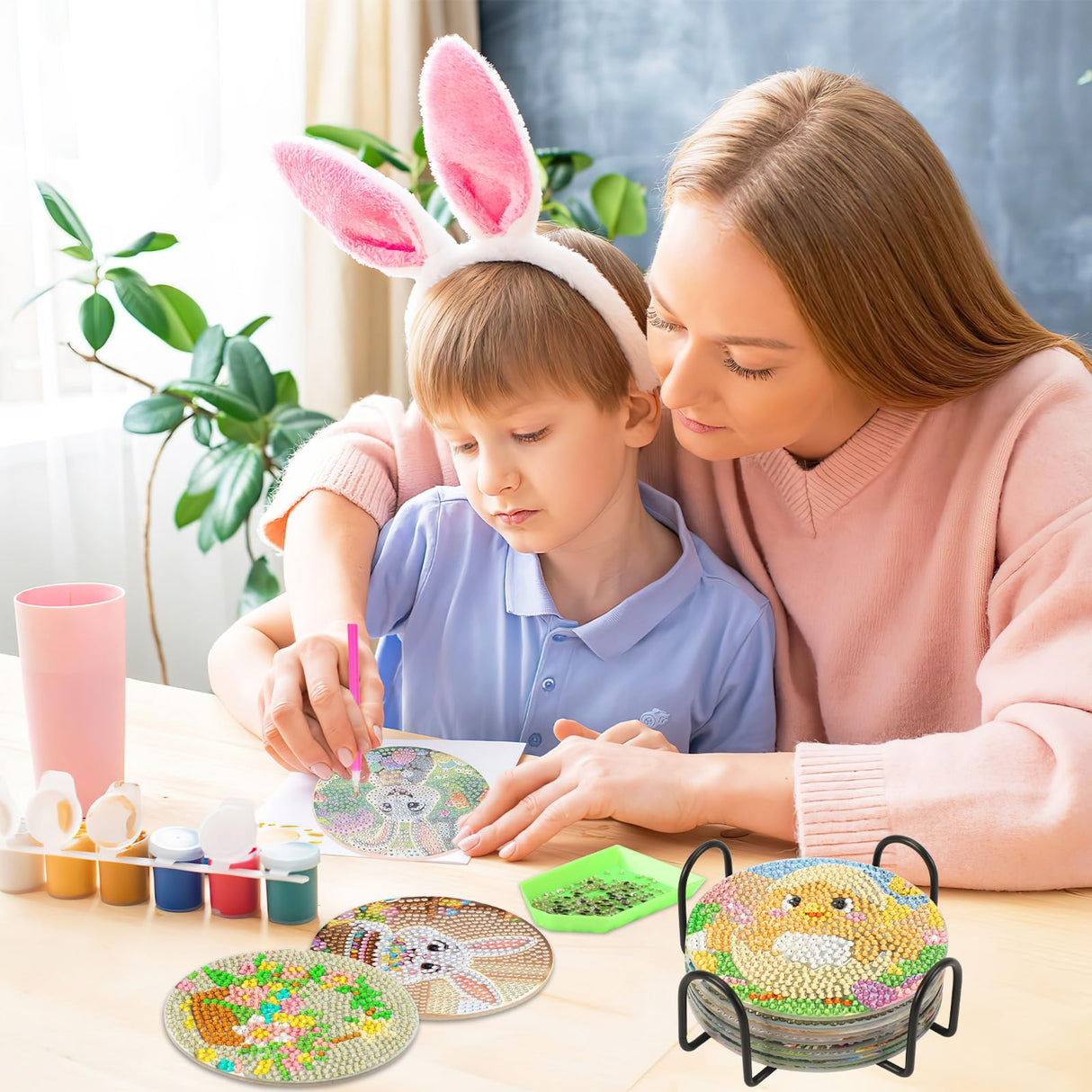 UPINS 8 Pieces Easter Diamond Art Coasters,Bunnies Diamond Art Coaster for Adults Diamond Kits Supplies for Spring Easter Gift UPINS