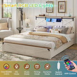 Hasuit Farmhouse Bed Frame California King Size with Storage Bookcase Headboard, Wooden Cal King Bed with LED Lights, Charging Station, 2 Drawers, Country Rustic Bed Frame with Sliding Barn Door Hasuit