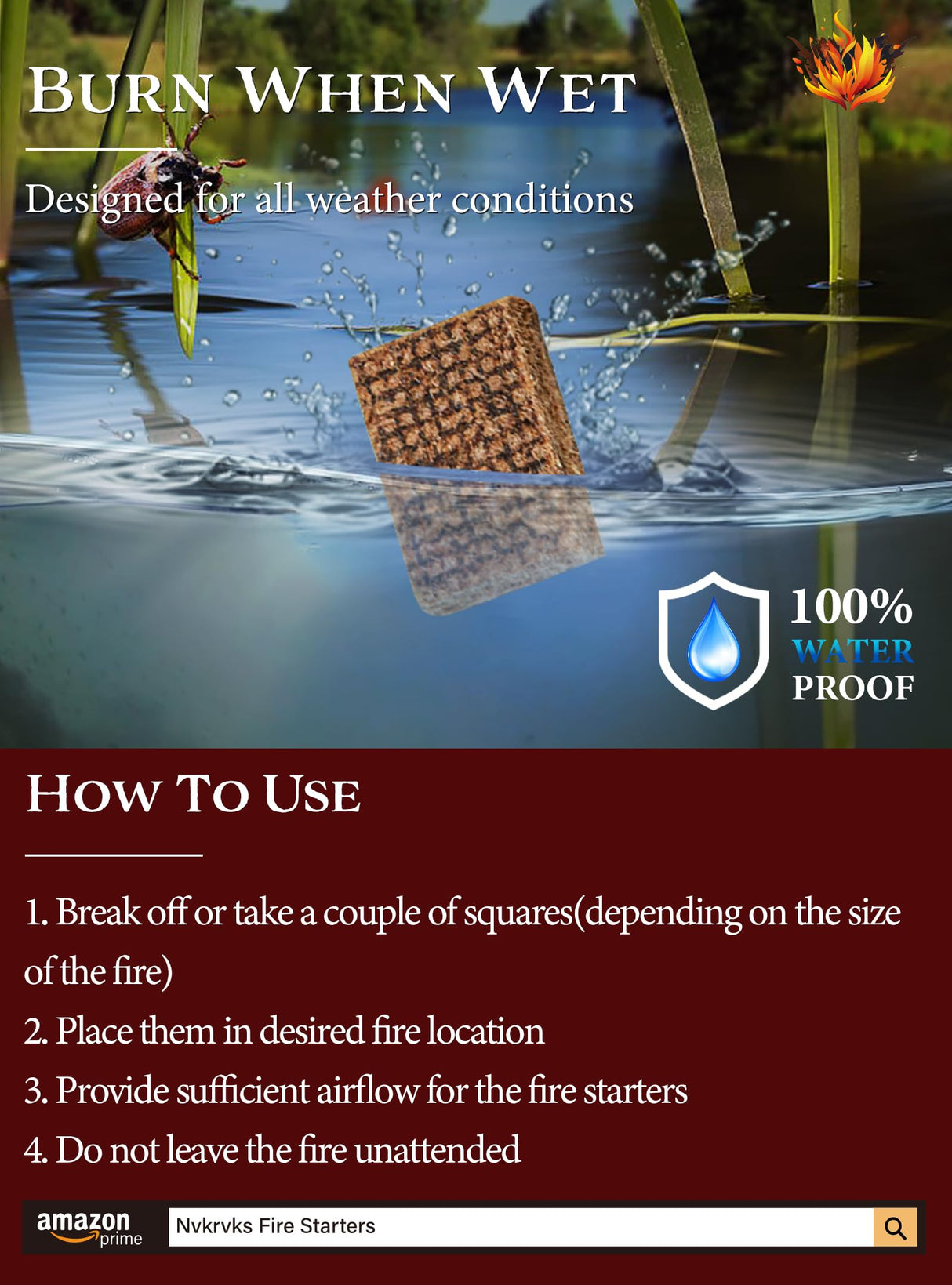 Nvkrvks Fire Starter, Easy-Burning Fire Starter Squares for Wood Stoves, Campfires, Grill Pit and Fireplace, Natural & Waterproof BBQ Fire Starters, 64 Mini Square Nvkrvks