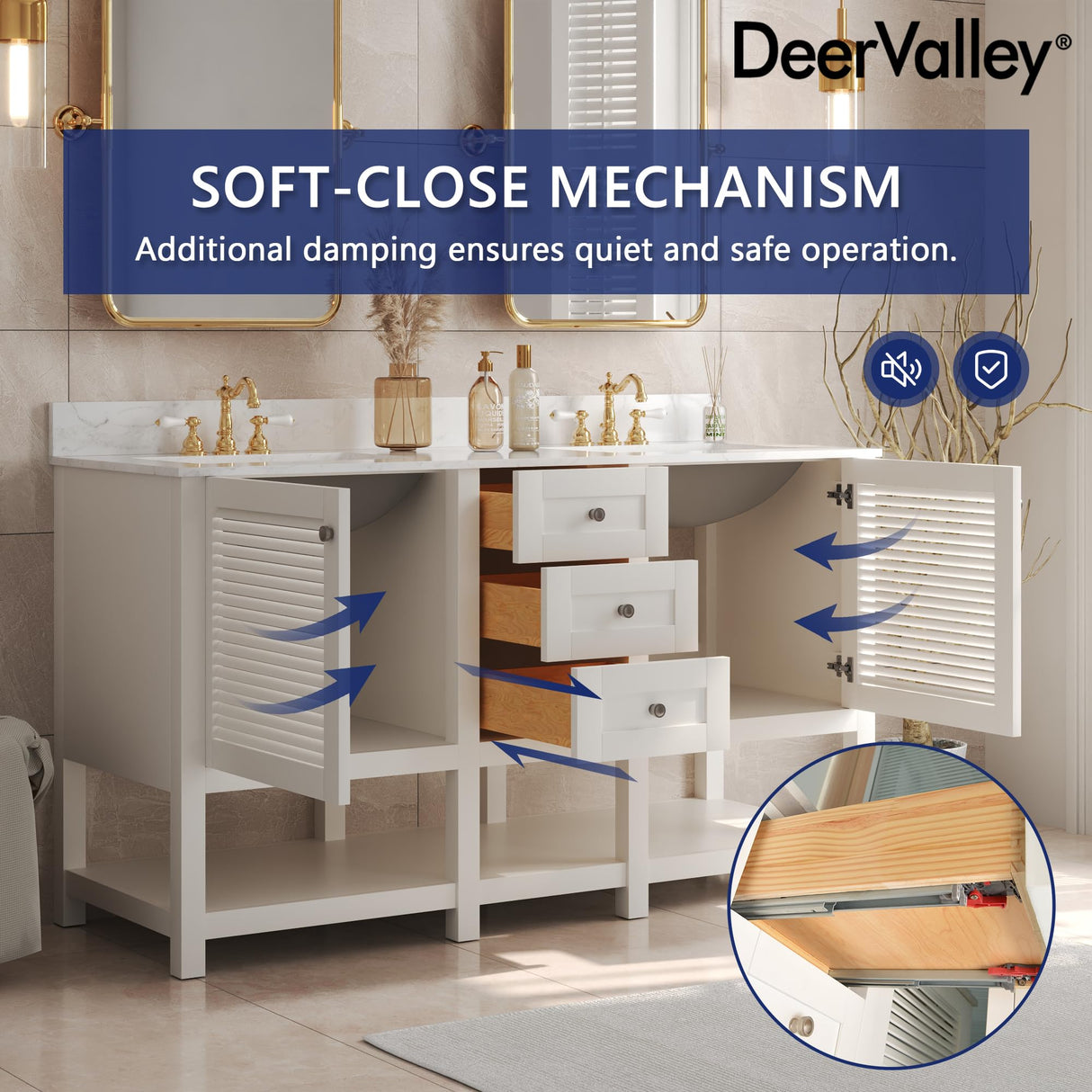 Deer Valley DV-1BV0157W 60'' Bathroom Vanity with Double Sink Top, Pre-Assembled Modern Wood Bathroom Cabinet Sink Combo with Backsplash Deer Valley
