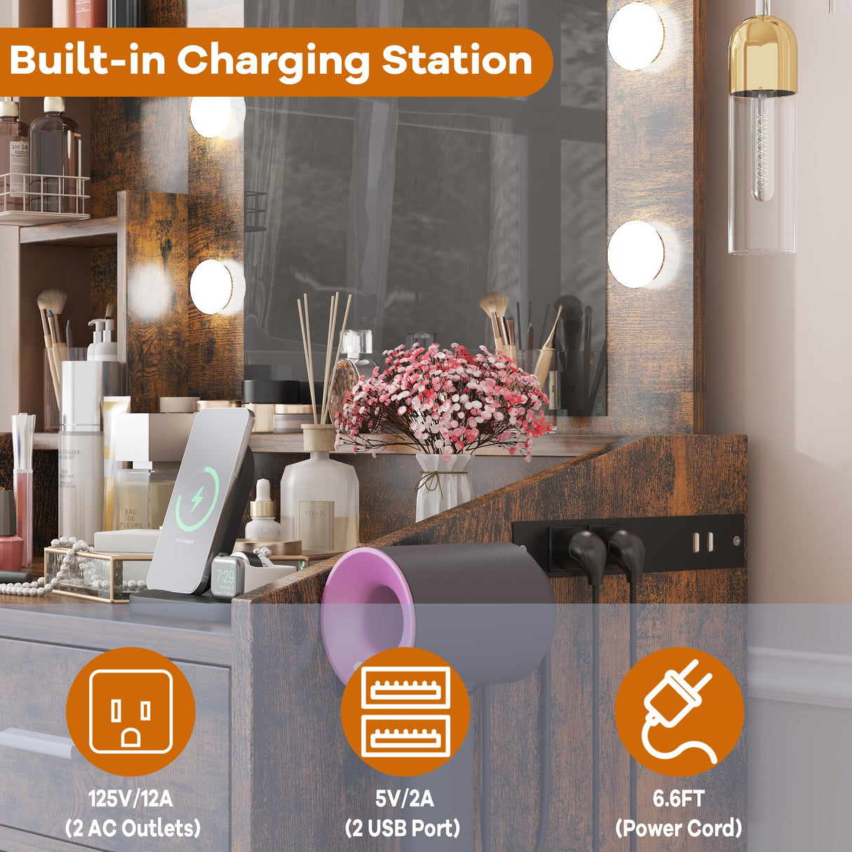 Garveehome Vanity Desk with Mirror and Lights, Makeup Vanity with Power Outlet & Cushioned Stool, 3 Lighting Modes Adjustable Brightness, Dressing Table with Hairdryer Holder for Bedroom, Rustic Brown GarveeHome