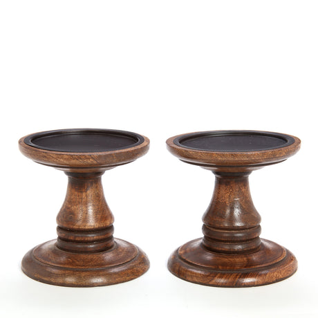 Hosley Set of 2 Brown Wood Pillar Holders 5 Inch High. Ideal Gift for Home Wedding Spa and Aromatherapy Settings. O3 Hosley