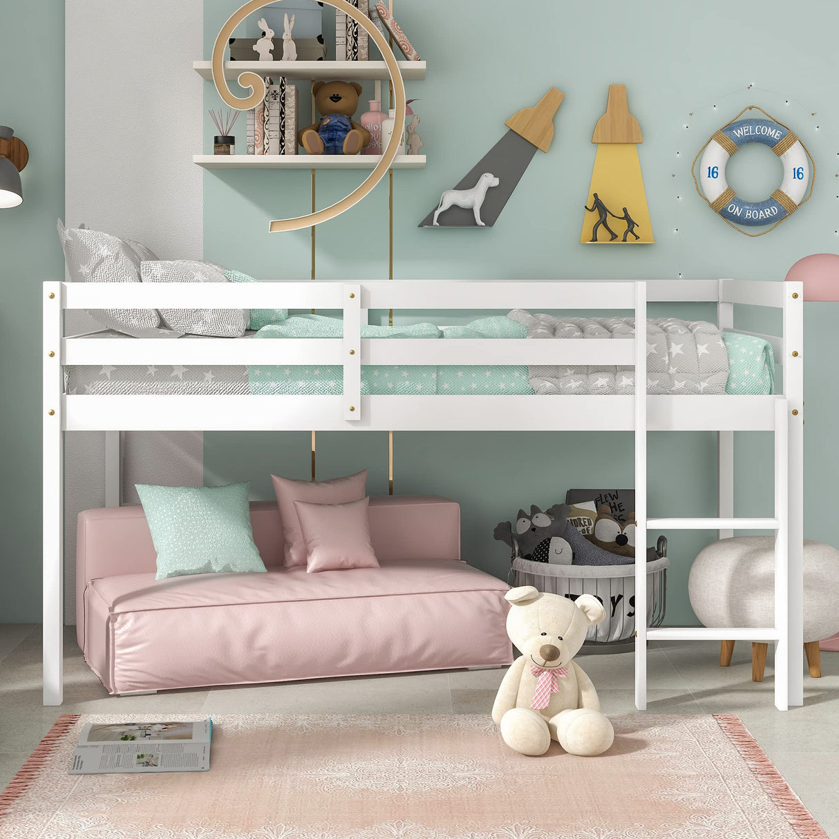 LoLado Twin Low Loft Bed for Kids with Ladder and Guard Rails - Sturdy Solid Wood Frame in White LoLado