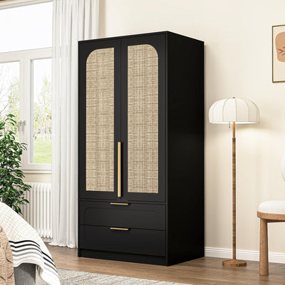 UZUGUL Armoire Wardrobe Closet with Door and 2 Drawer, Black Bedroom Armoire Cabinet with Hanging Rod,Wooden Wardrobe Storage Cabinet Closet with Large Storage for Bedroom (Black)