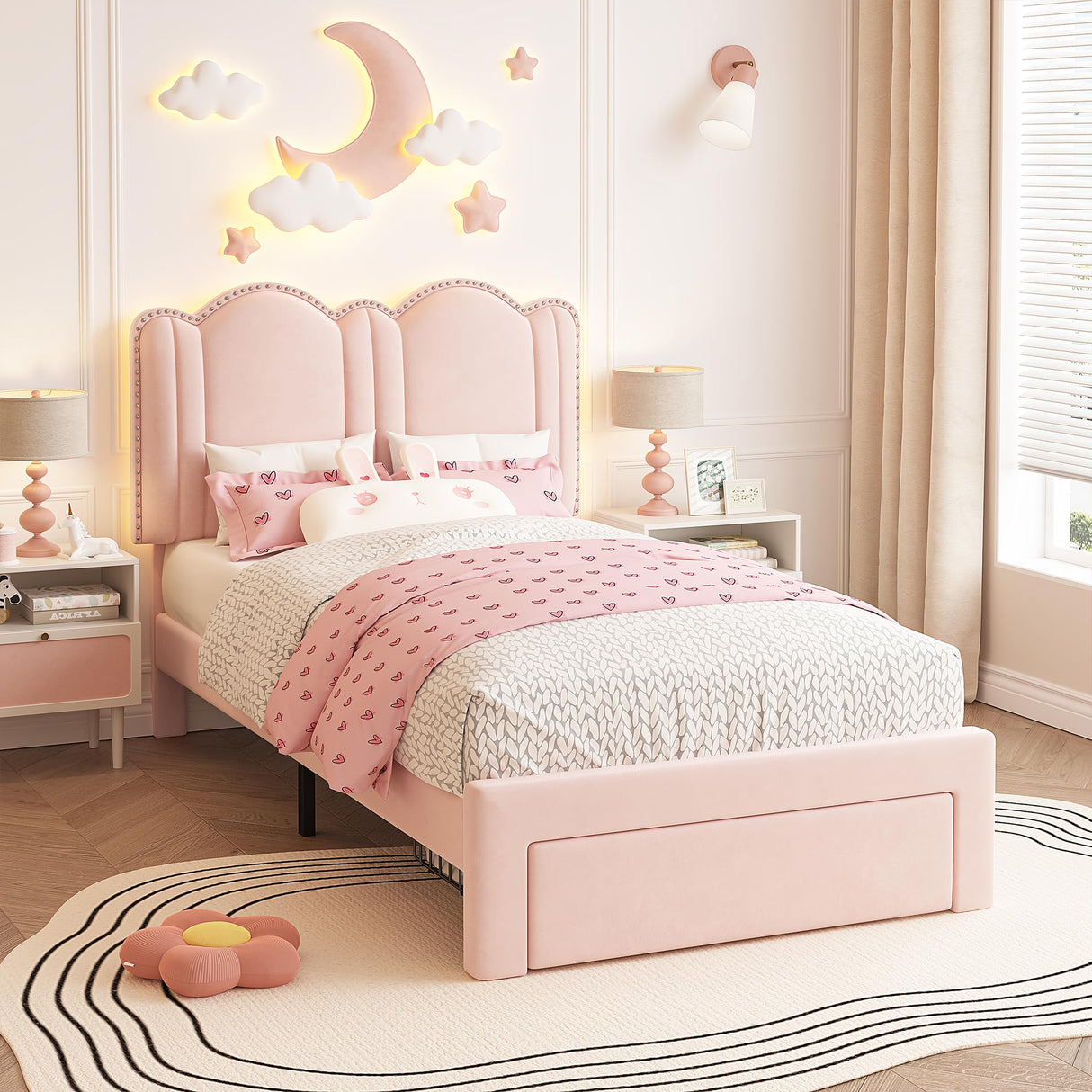 EnHomee Twin LED Bed Frame with Storage Drawer,Princess Bed Frame Twin Size,Cute Upholstered Bed Frame with Adjustable Cloud Headboard,Strong Support,No Box Spring Required,Easy Assembly,Pink EnHomee