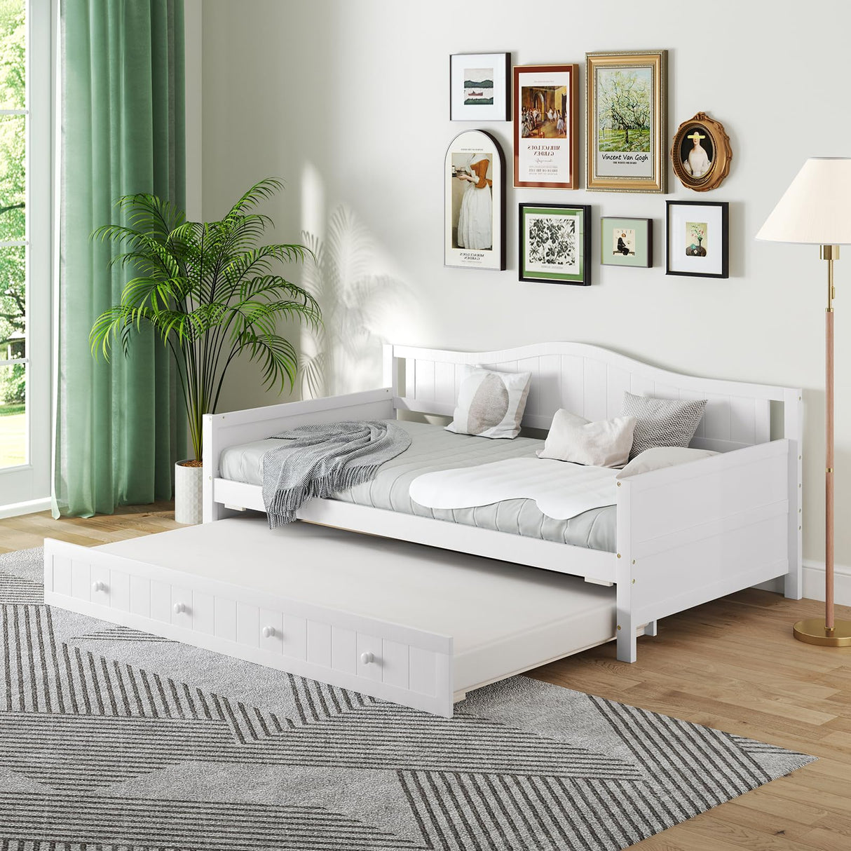Giantex Twin Daybed with Trundle, Solid Wood Day Bed with Slats Support, Integrated Headboard & Armrests, Modern Trundle Bed Twin for Living Room, Bedroom, Guest Room, No Box Spring Needed (White) Giantex