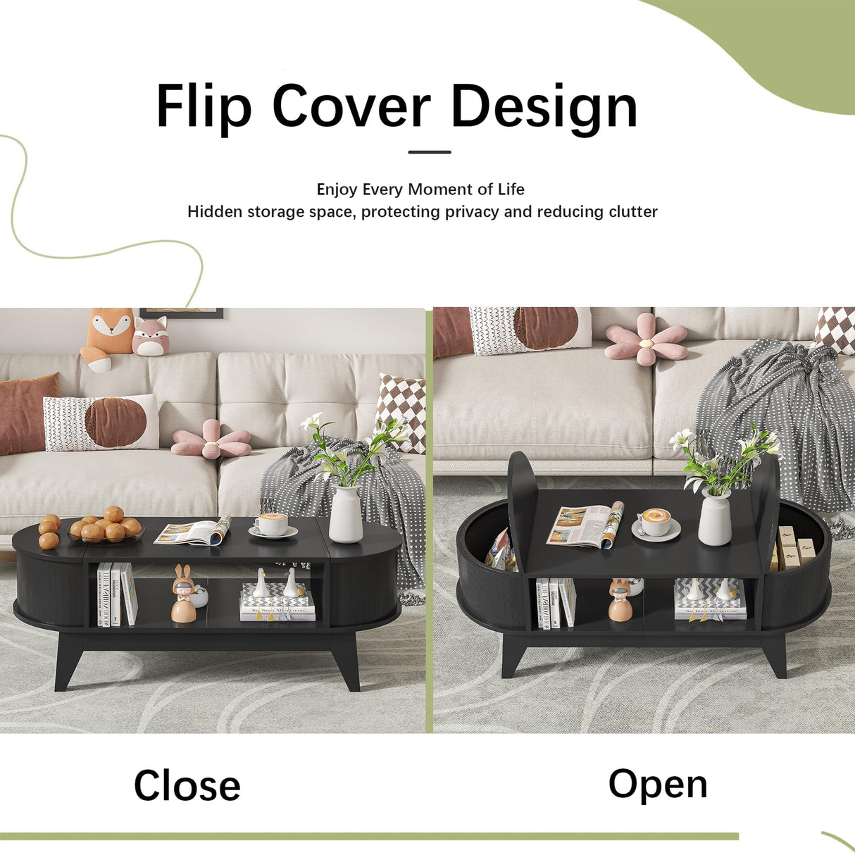 Coffee Table with 2 Hidden Storage,Mid Century Modern Coffee Table with Fluted Finish,Wood Center Tables Oval Coffee Tables with Flip-Top Lids for Living Room Home Office (Black) Mxtxmy