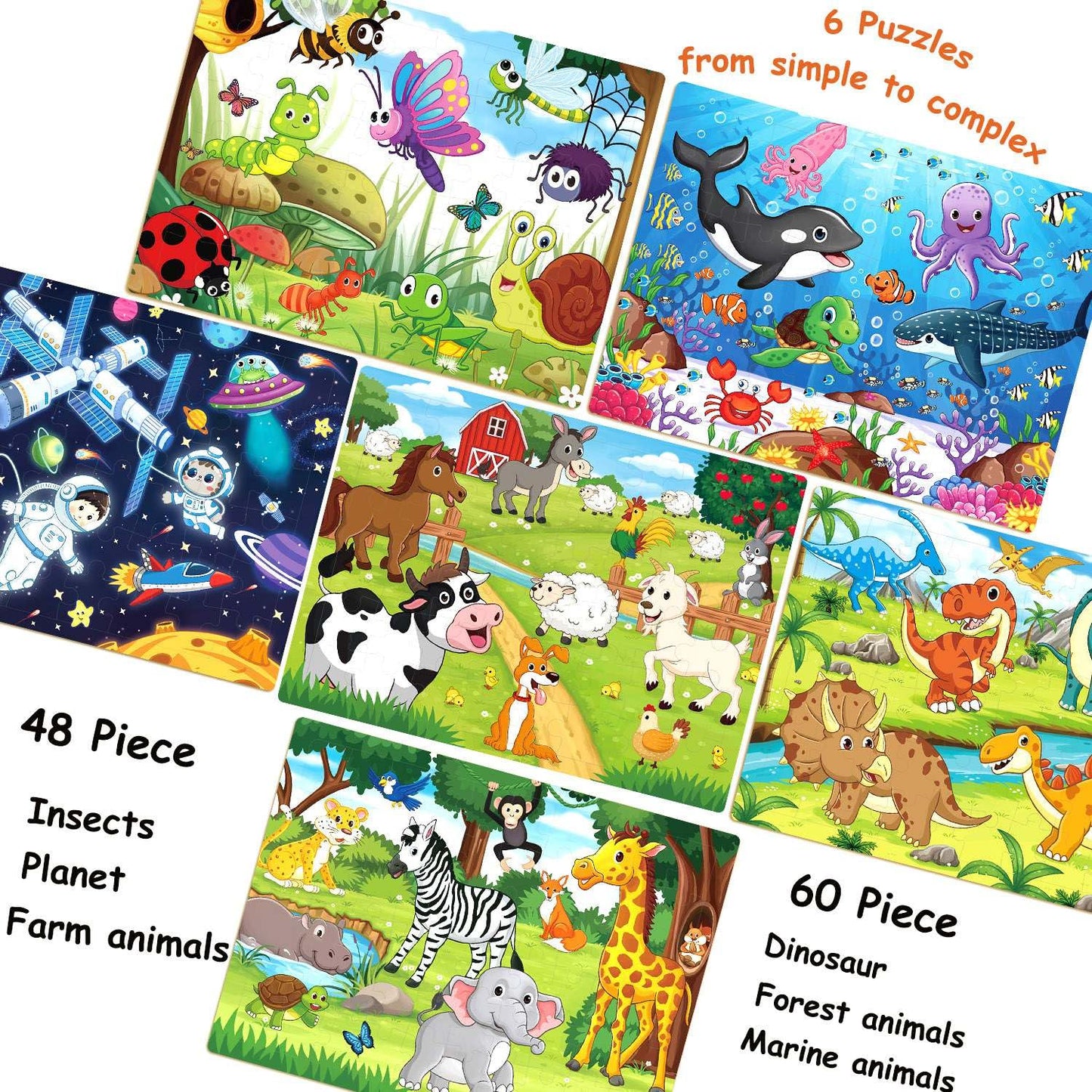 Puzzles for Kids Ages 4-6 4-8, Wooden Jigsaw Puzzles 48-60 Pieces for Toddler Children Learning Educational Puzzles 4 5 6 7 8 Year Toys for Boys and Girls (6 Puzzles)