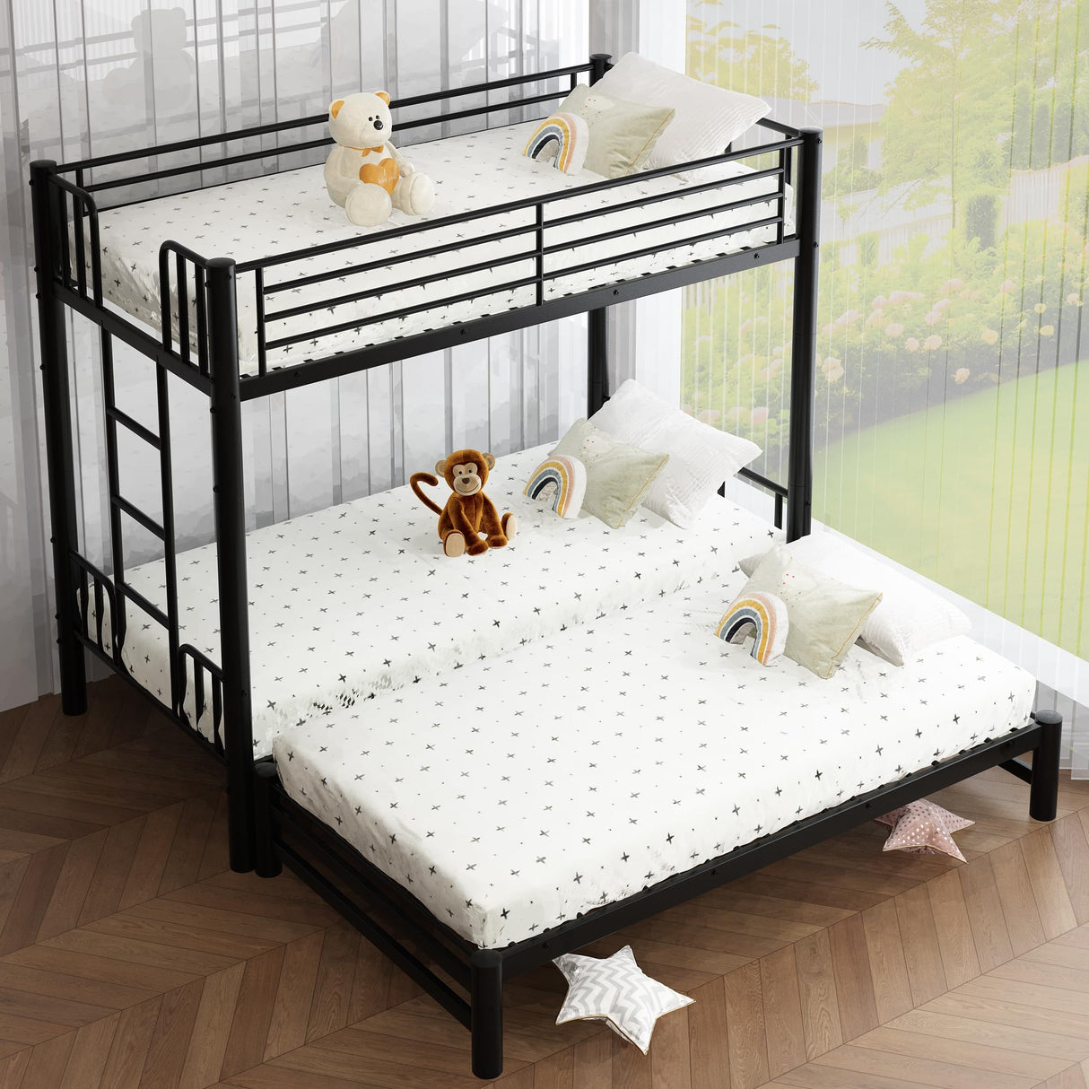 AEMSOFK Twin Over King Bunk Bed,Twin Bunk Bed with Trundle,Heavy Duty Metal Bunkbeds with Ladder & Guardrail, 3-in-1 Convertible Twin Bunk Bed,Twin Over Queen, Space-Saving,Noise Free,Black AEMSOFK
