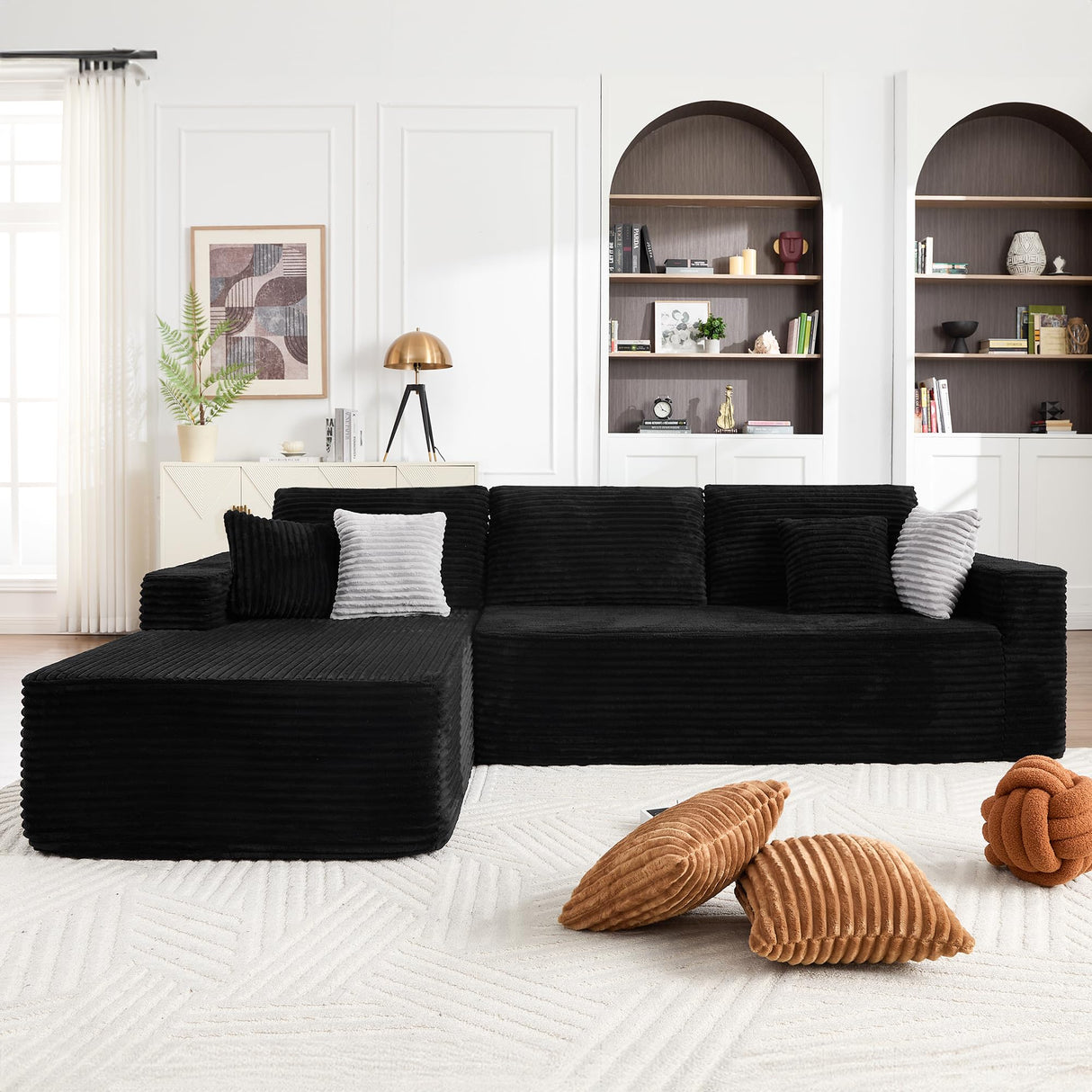 Opiesit 108" Boneless Couches for Living Room, Modular Sectional Sofa with Oversized Chaise, L-Shape Cloud Couch with Deep Seat, High-Density Memory Foam, No Assembly Required, Plush Corduroy Black Opiesit
