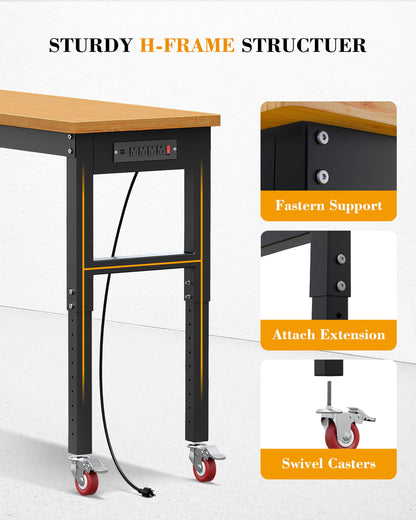 GarveeTech 60 Inch Work Bench with Wheels, 2200 LBS Capacity Solid Wood Top Worktable with Stable Steel Frame, 10 Level Adjust Height Work Station with Power Outlets, for Garage, Shop, Home,  - WoodArtSupply