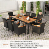HAPPYGRILL 9 Pieces Outdoor Dining Set for 8, Patio Conversation Set with Acacia Wood Tabletop, Umbrella Hole, Washable Seat Cushions, Rattan Dining Table & Chair Set for Garden Yard Poolside HAPPYGRILL