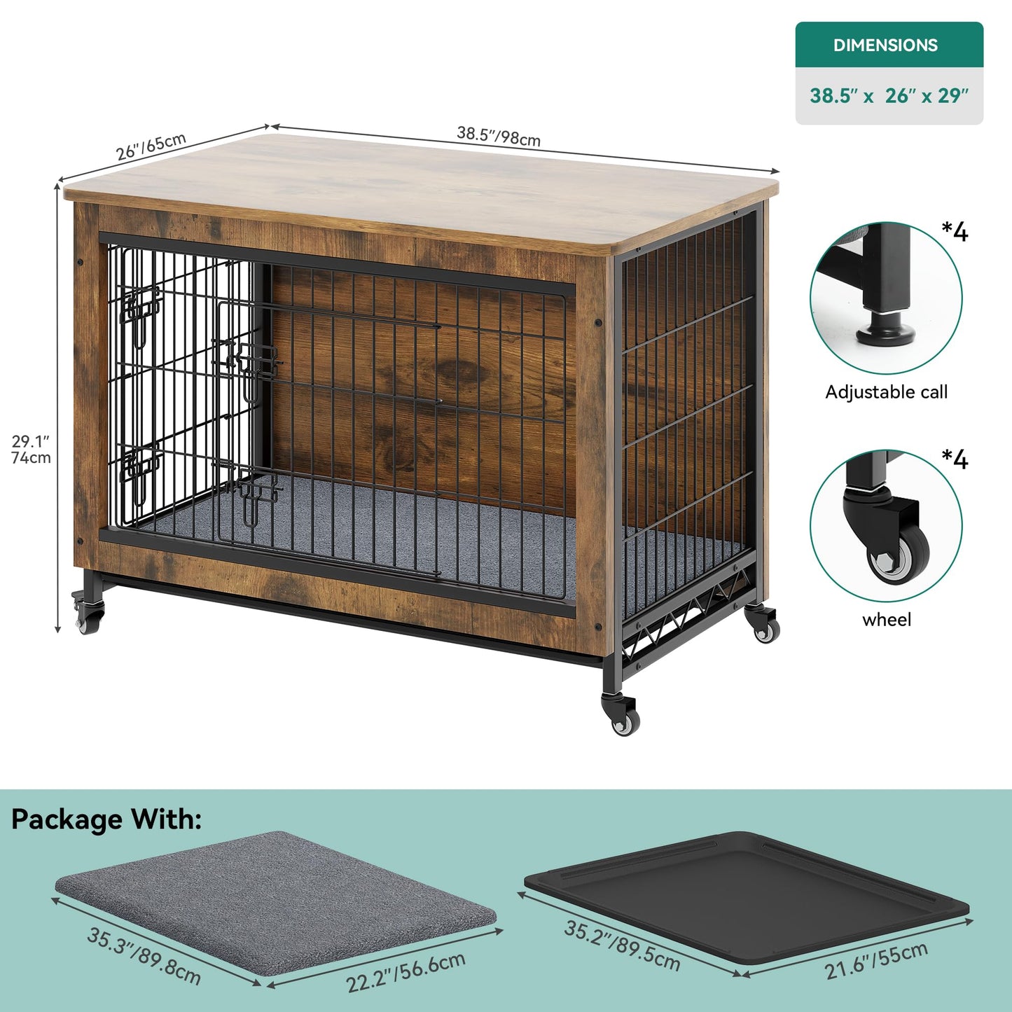 YITAHOME Dog Kennel Furniture with Wheels, Wooden Dog Crate Furniture with Cushion, Dog Crate End Table with Tray, 38" Dog Cage with Double Doors for Small/Medium Dog (Rustic Brown)