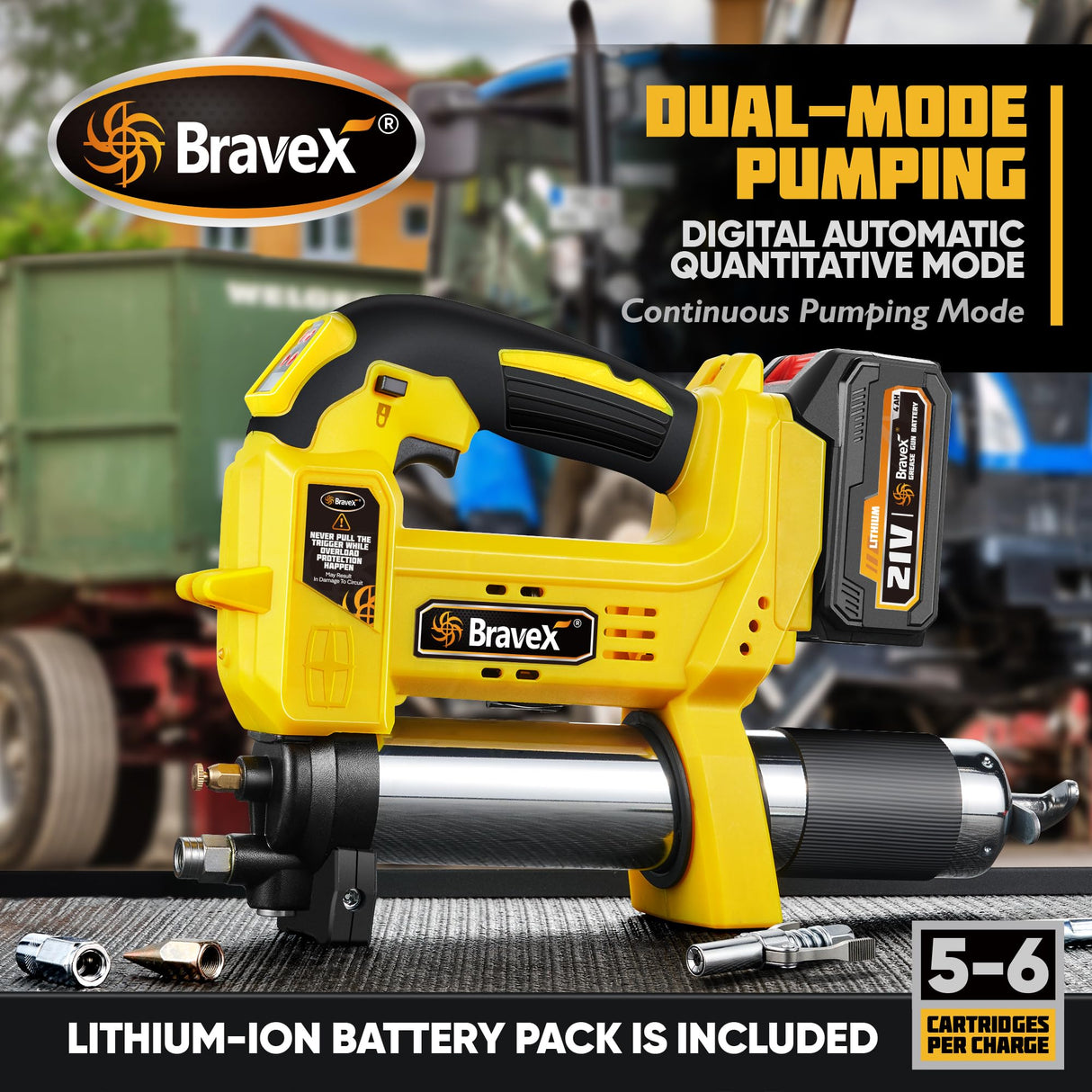 Grease Gun Battery Powered, 12,000 PSI Electric Grease Gun Cordless 21V, 40” High Pressure Long Hose W/Quick Release Coupler Rechargeable Battery Pack Included Bravex