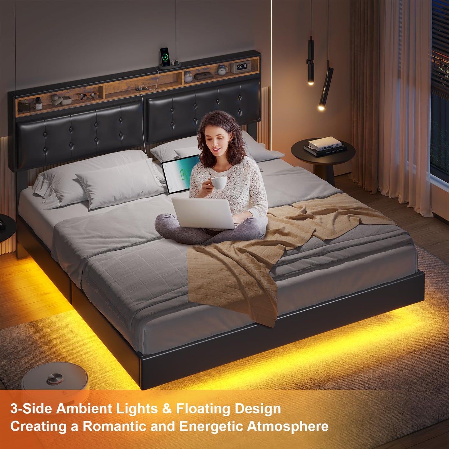 DICTAC King Size Floating Bed Frame with LED Lights and Tufted Faux Leather Headboard - Modern Storage Solution in Black - WoodArtSupply