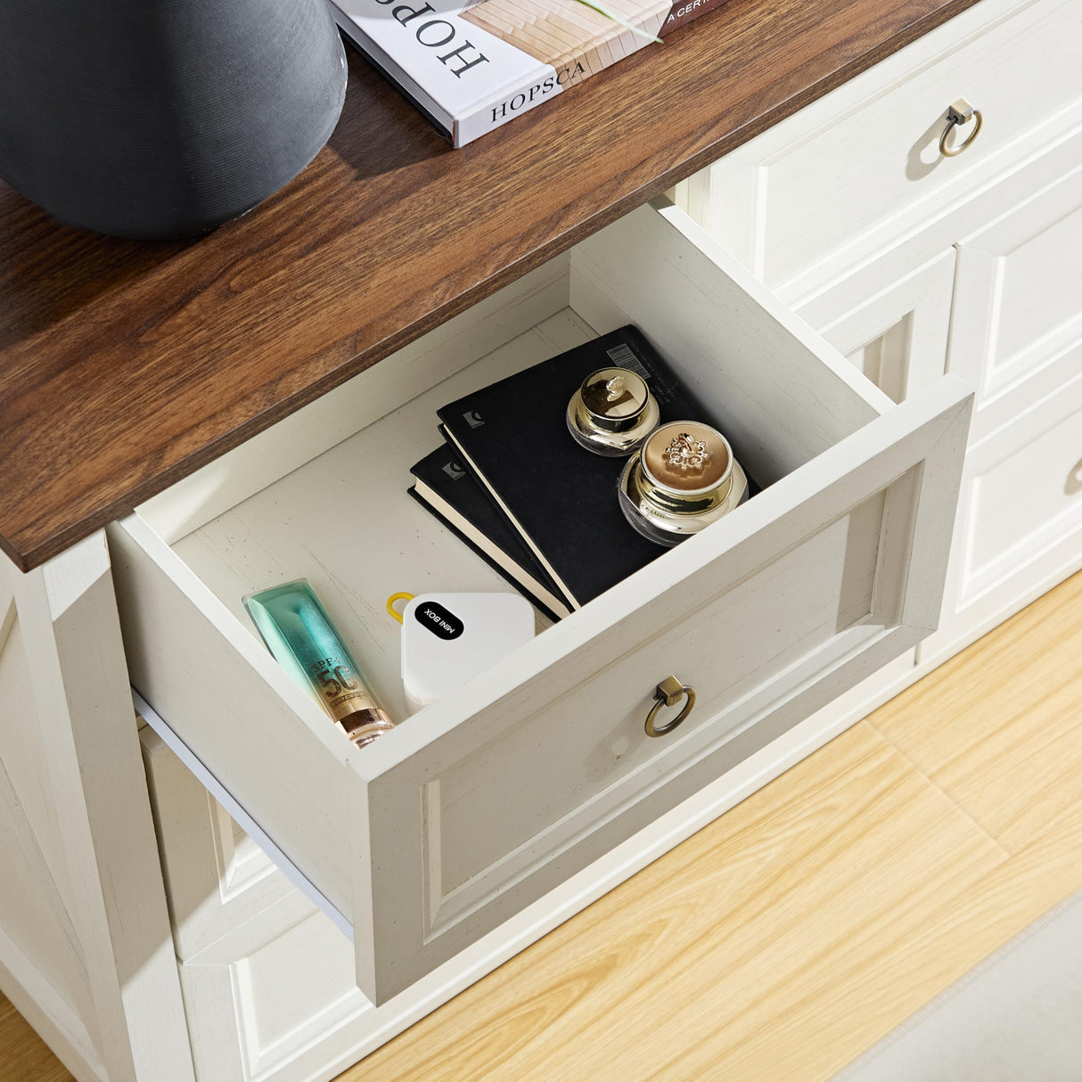 OKYCI Farmhouse 7 Drawer Dresser, Long Wood Chest of Drawers with 1.2" Thickened Top - 54" W x 31.5" H,Antique White OKYCI