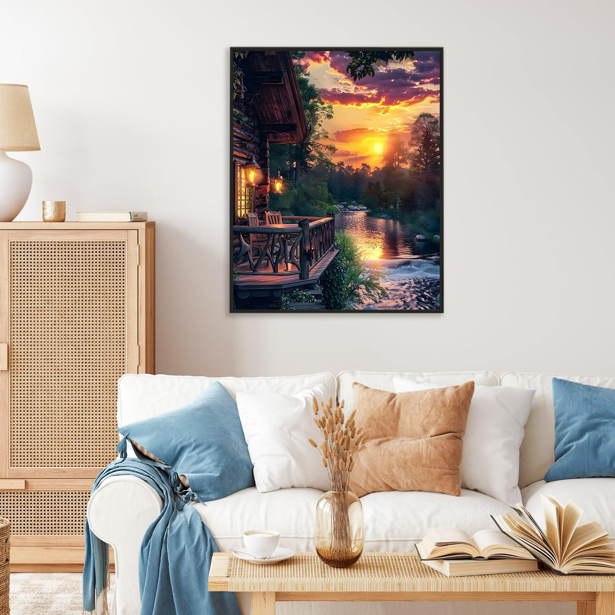 Paint by Numbers Kit for Adults - Sunset Cabin Adult Paint by Number Kits on Canvas Without Frame for Beginner, Stream Landscape Oil Painting by Numbers Kit for Gift Home Wall Decor 16x20 Inch Camocin