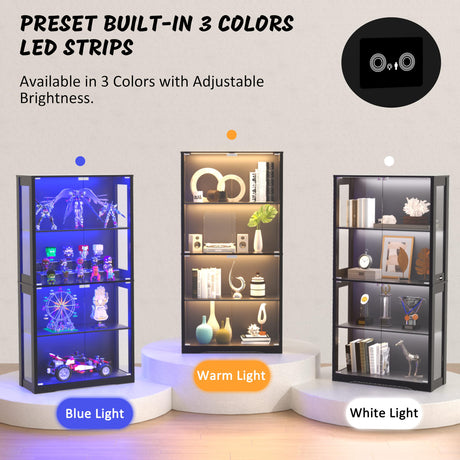 BlueWish 70" Display Cabinet with Glass Doors, 4-Tier Curio Cabinet with 3 Color LED Lights for Collectibles, Glass Display Case with Human Body Sensor, Storage Cabinets for Living Room, Office, Black BlueWish