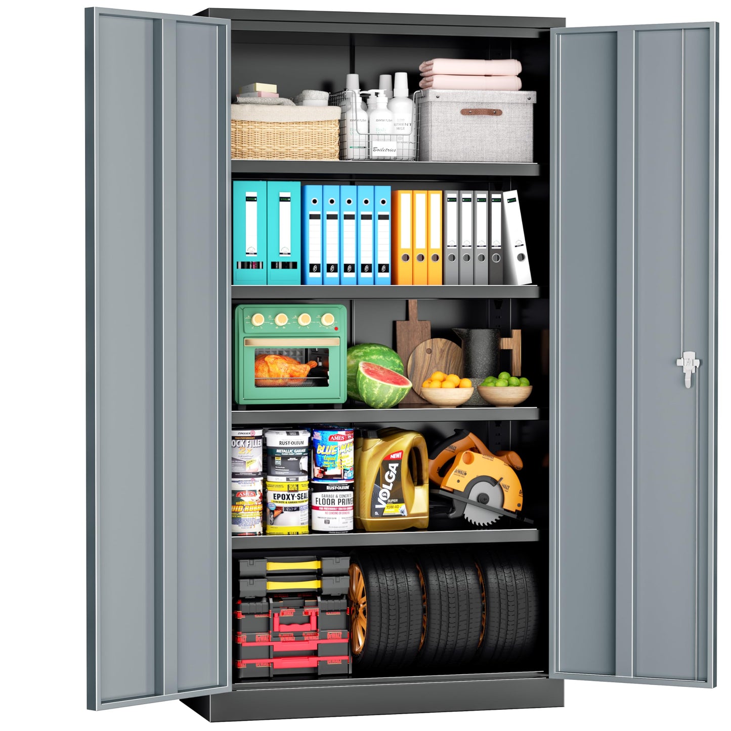 INTERGREAT Metal Storage Cabinet with Lock, 72" H Garage Cabinets with Doors and Adjustable Shelves, Black - Grey Lockable Metal Cabinets for Garage, Warehouse, Tool - WoodArtSupply