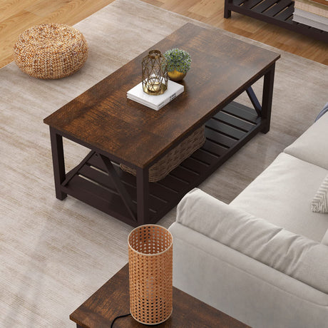 ChooChoo Farmhouse Coffee Table, Rustic Vintage Living Room Table with Shelf, 40 Espresso ChooChoo