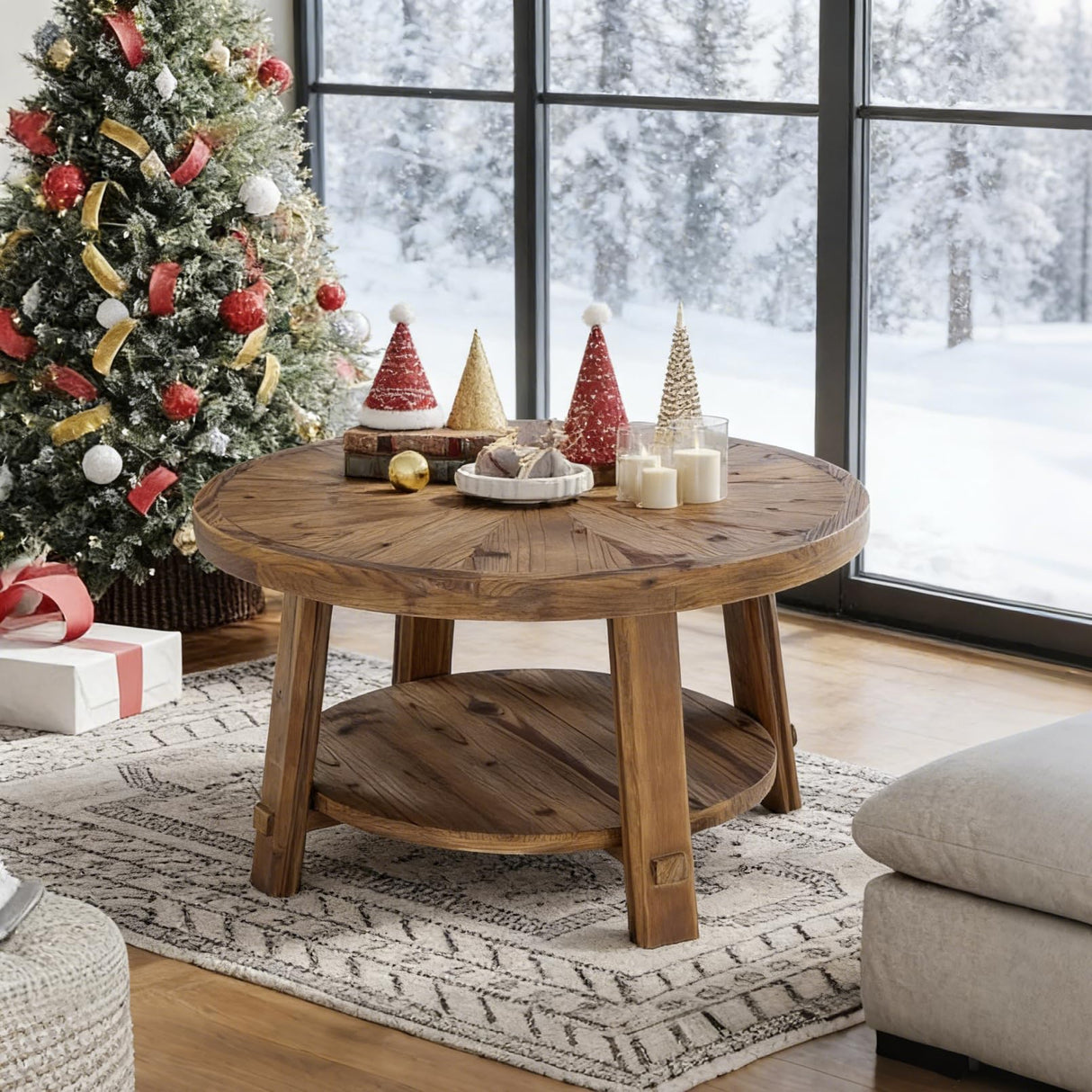 LITTLE TREE Solid Wood Coffee Table with Storage, 2-Tier Farmhouse Round Coffee Table for Living Room, Easy Assembly (Rustic Wood Color) LITTLE TREE