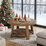 LITTLE TREE Solid Wood Coffee Table with Storage, 2-Tier Farmhouse Round Coffee Table for Living Room, Easy Assembly (Rustic Wood Color) LITTLE TREE