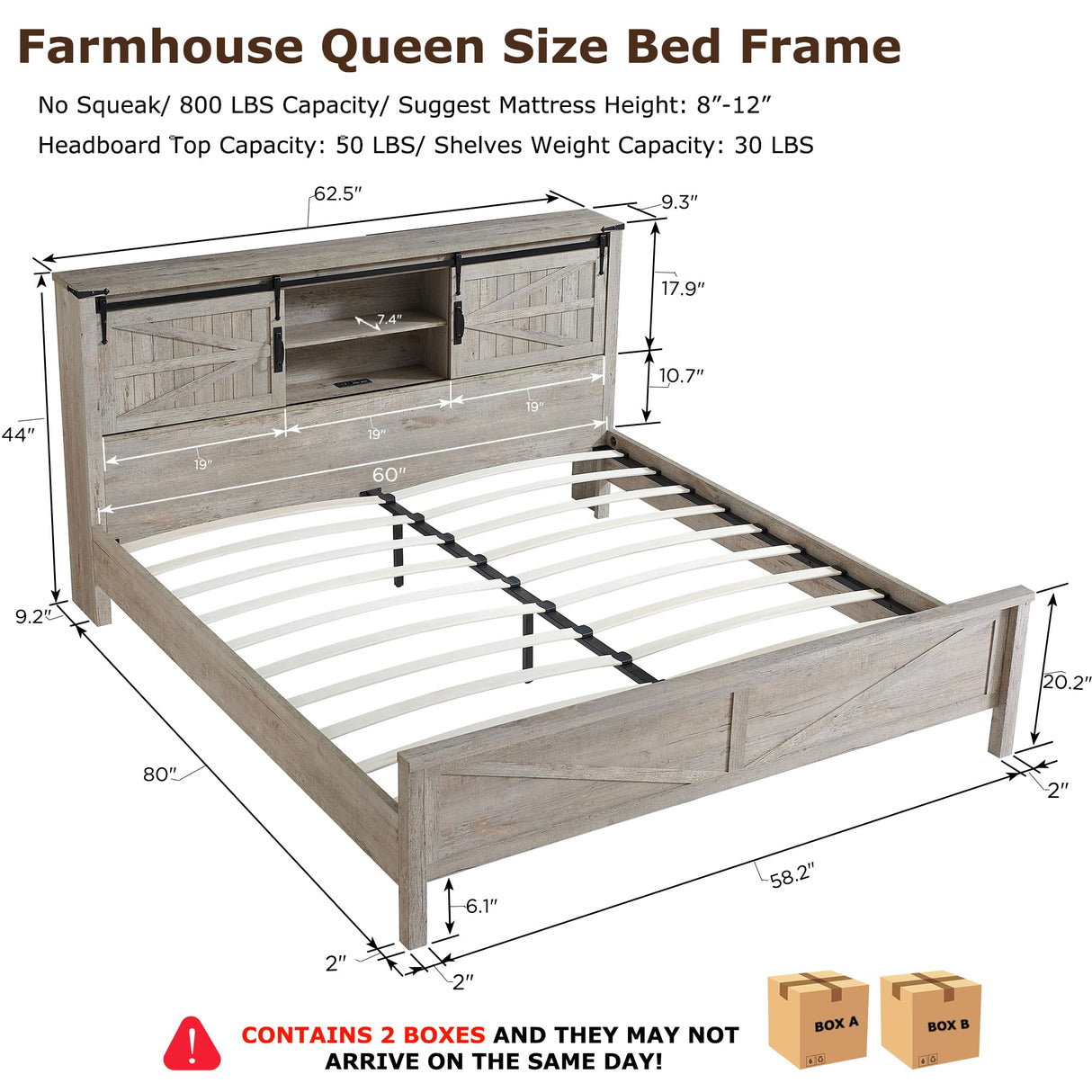 Farmhouse Queen Bed Frame with Bookcase Headboard, Sliding Barn Doors, and Storage in Light Rustic Oak T4TREAM