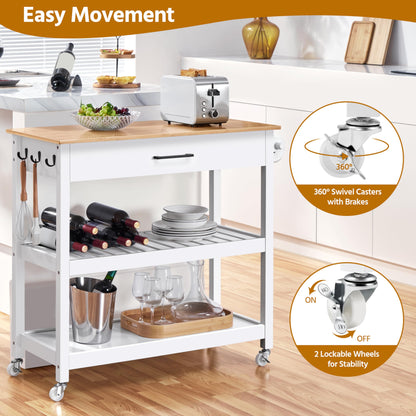 Yaheetech Kitchen Island Cart on Wheels with Bamboo Tabletop, 3-Tier Rolling Kitchen Island Microwave Cart with Drawer, Detachable Towel, 3 Hooks, 17″D × 37.5″W, White