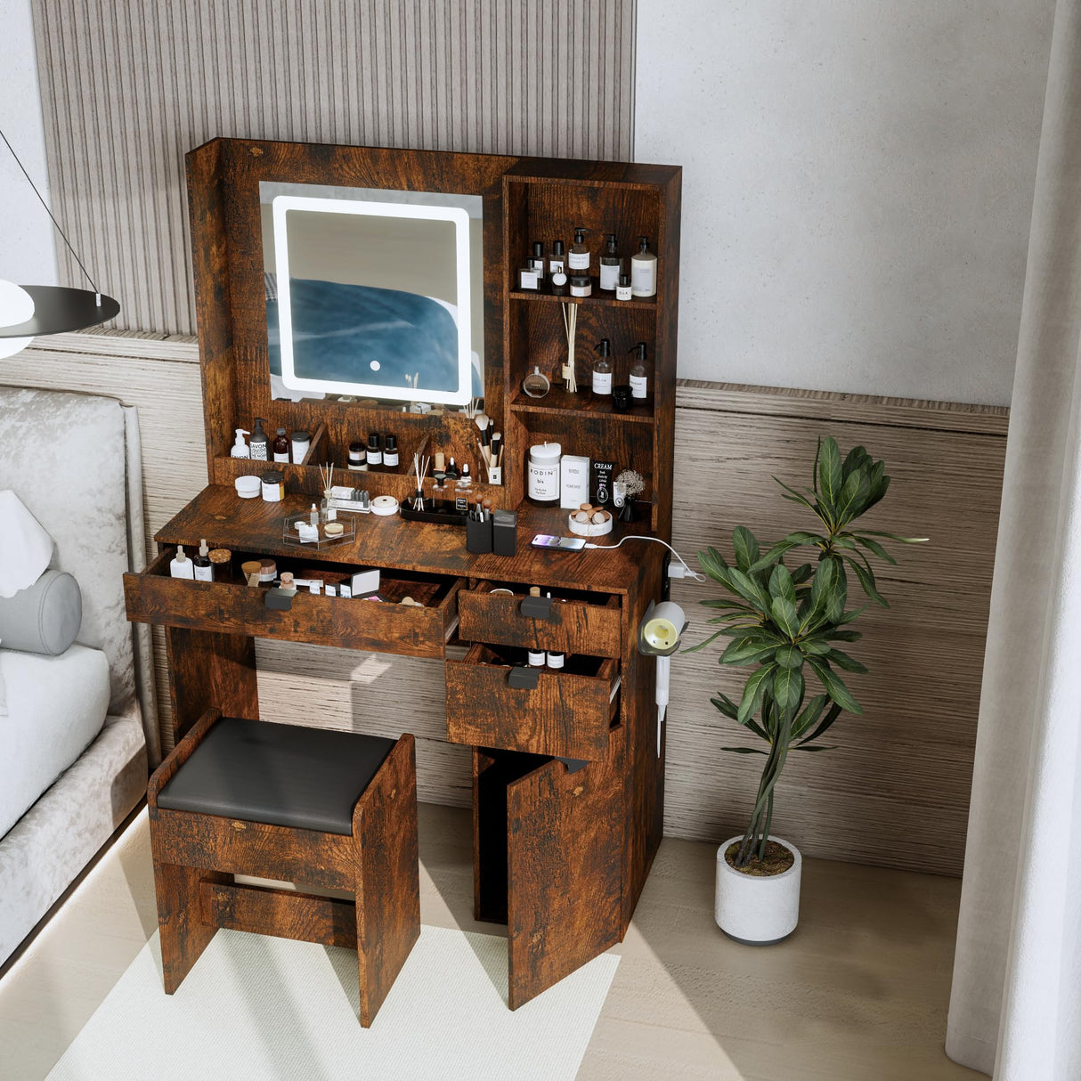 NEDYO Vanity with Mirror and Lights, Makeup Vanity Table Set, Dressing Table, Small Wood Vanity with Chair, Touch-Sensitive Dimmable Mirror, Shelves and Drawers. Industrial Style Vintage Brown NEDYO