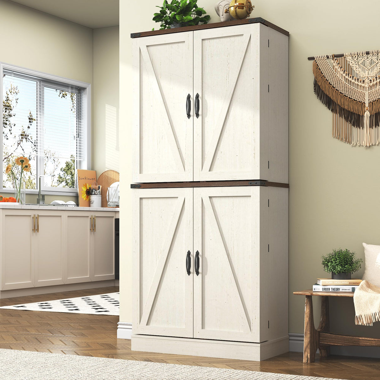 Hlivelood Farmhouse Kitchen Pantry Cabinet, 71" Tall Storage Cabinet with Adjustable Shelves & 4 Barn Doors & Drawer, Rustic Wood Cupboard for Kitchen, Dining Room, Living Room, White Hlivelood